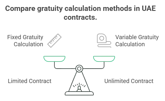 Compare gratuity calculation methods in UAE contracts